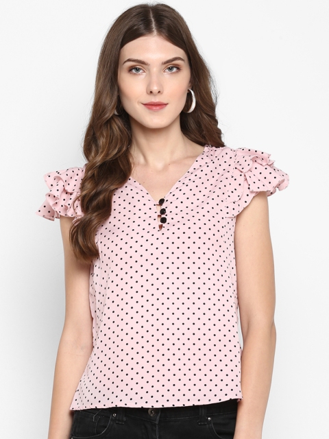 

Indietoga Women Pink and Black Printed Ruffle Detail Top
