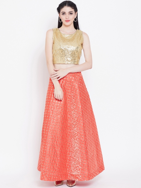 

studio rasa Coral Orange & Golden Ready to Wear Lehenga with Choli