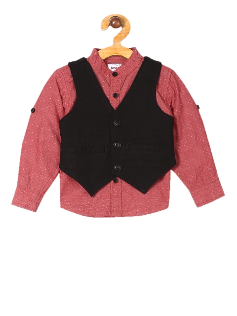 

Donuts Boys Red & Black Regular Fit Printed Casual Shirt With Waistcoat