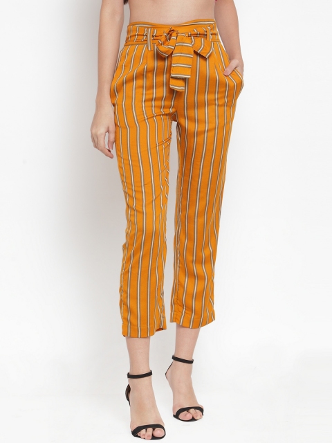 

Aujjessa Women Mustard Yellow & White Regular Fit Striped Cigarette Trousers