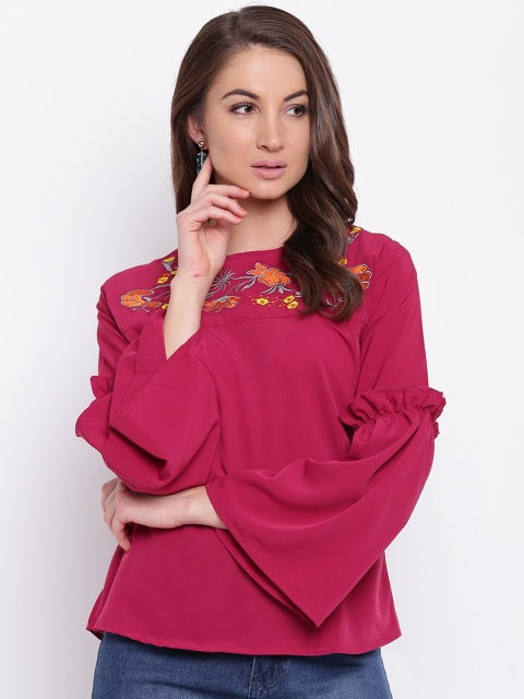 Mayra Women Maroon Solid Embroidered A-Line Top