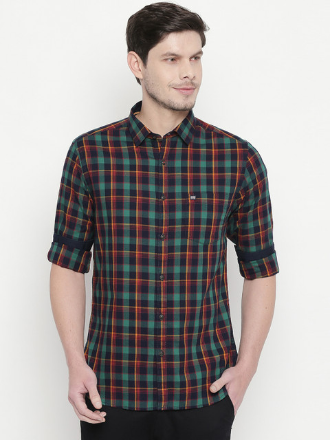 

BYFORD by Pantaloons Men Green & Navy Blue Slim Fit Checked Casual Shirt