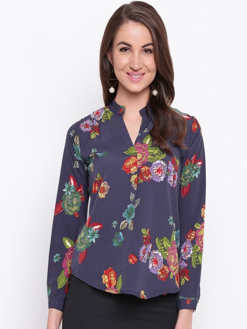 

Mayra Women Navy Blue Floral Print Shirt Style Top