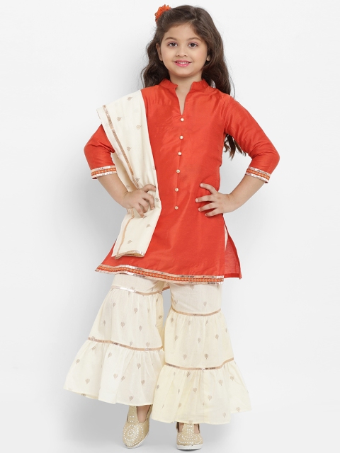 

Bitiya by Bhama Girls Orange Solid Kurta with Beige Sharara & Dupatta
