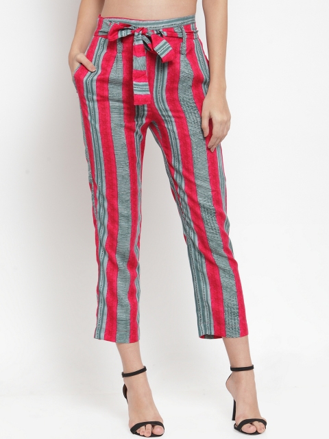 

Aujjessa Women Pink & Green Regular Fit Striped Cigarette Trousers