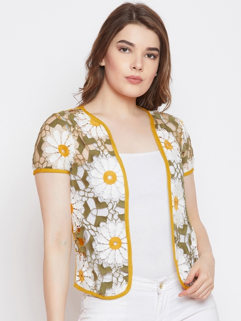

FIZERA Women White & Mustard Yellow Self Design Open Front Shrug