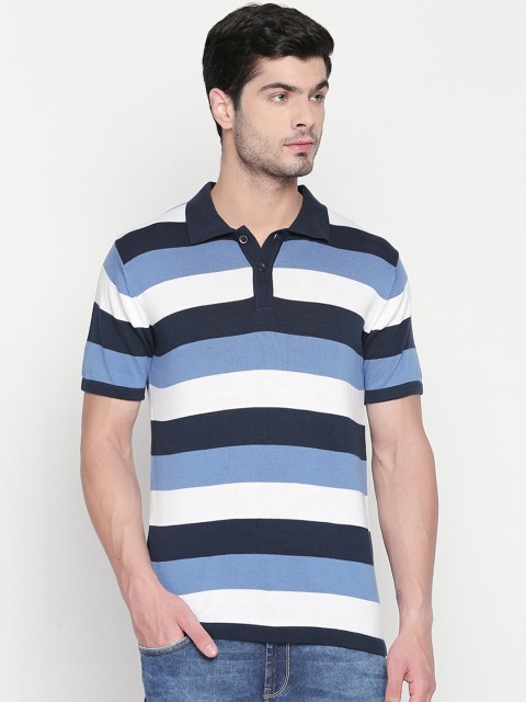 

BYFORD by Pantaloons Men Navy Blue Striped Polo Collar T-shirt