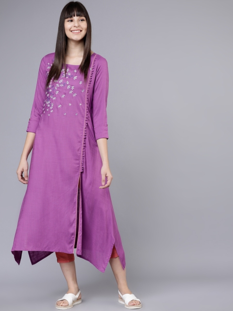 

Vishudh Women Purple Floral Embroidered A-Line Kurta