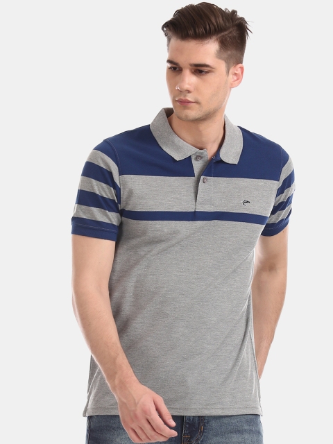 

Ruggers Men Grey & Blue Striped Polo Collar T-shirt