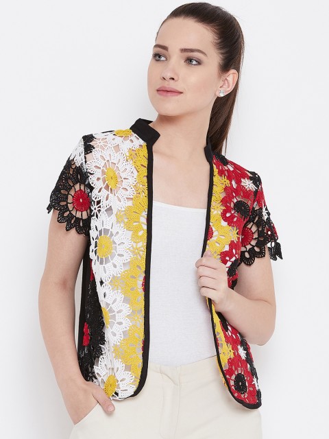 

FIZERA Women Black & Yellow Self Design Open Front Shrug