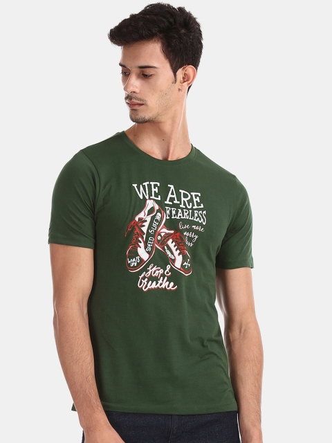 Colt Men Green Printed Round Neck Pure Cotton T-shirt