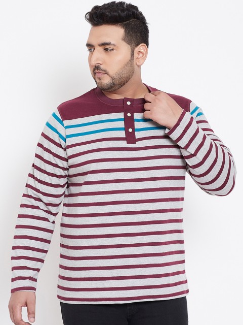 

bigbanana Plus Size Men Grey Striped Henley Neck Bio Finish T-shirt