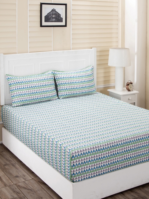 

MASPAR Blue Geometric 210 TC Cotton 1 Queen Bedsheet with 2 Pillow Covers