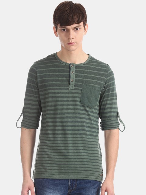 

Cherokee Men Green Striped Henley Neck T-shirt