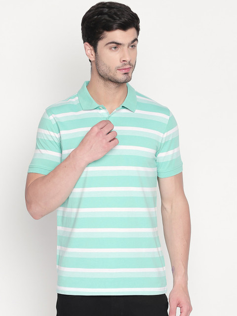 

BYFORD by Pantaloons Men Green & White Striped Polo Collar T-shirt