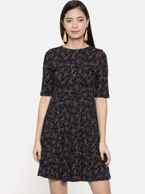 

Chumbak Women Navy Blue & Mustard Yellow Fit and Flare Dress