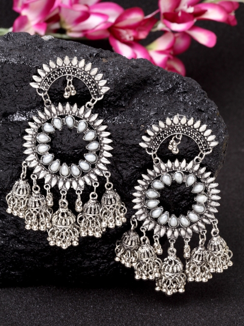 

Moedbuille Silver-Plated Handcrafted Filigree Design Oxidised Circular Drop Earrings