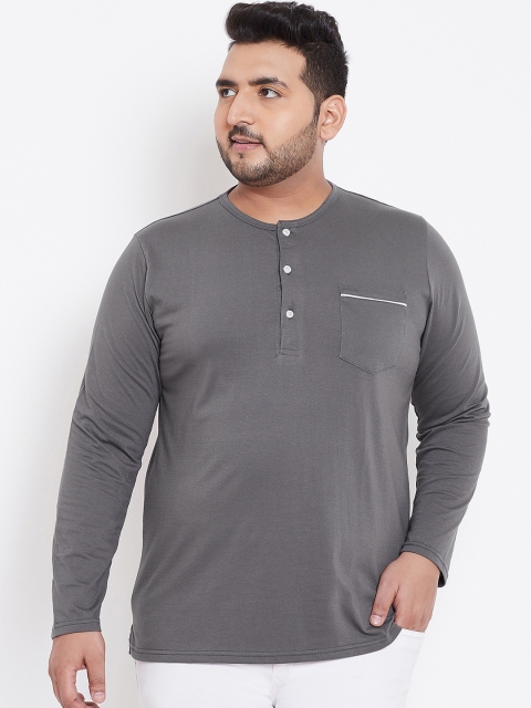 

bigbanana Plus Size Men Grey Solid Henley Neck Bio Finish T-shirt