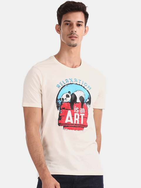 

Colt Men Cream-Coloured and Red rinted Round Neck T-shirt