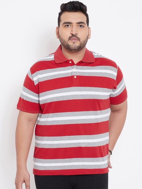 

bigbanana Plus Size Men Red Grey Striped Polo Collar Bio Finish T-shirt