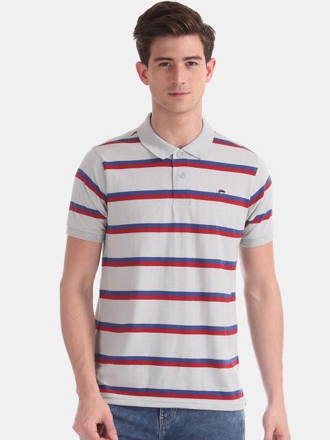 

Ruggers Men Grey & Blue Striped Polo Collar T-shirt