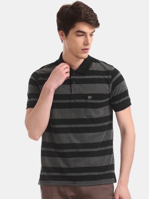 

Ruggers Men Grey & Black Striped Polo Collar T-shirt