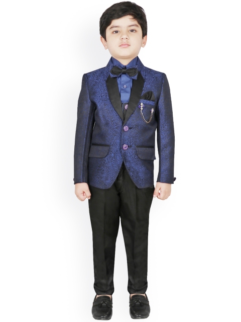 

SG YUVRAJ Boys Navy Blue & Black Printed Regular-Fit Tuxedo Suit