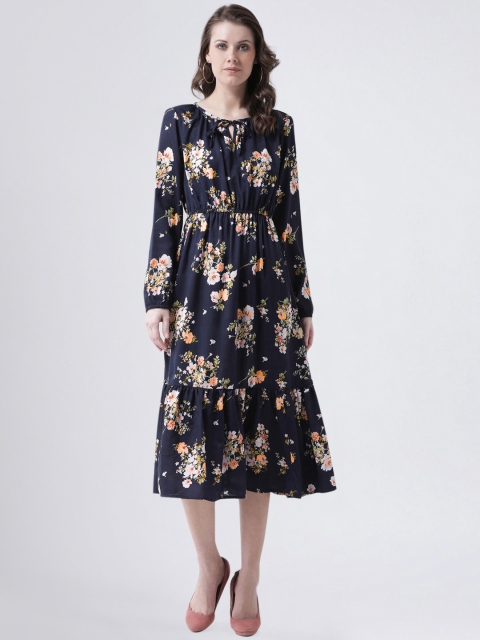 

AkaAyu Women Navy Blue & Orange Floral Printed Fit and Flare Dress