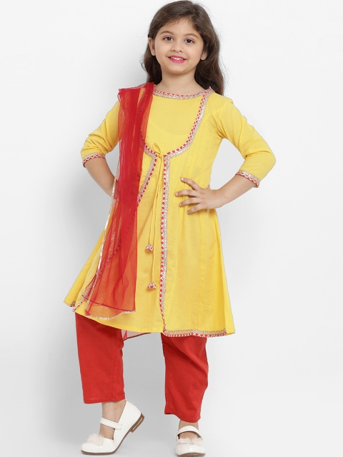 

Bitiya by Bhama Girls Yellow & Red Solid Kurta with Pyjamas & Dupatta