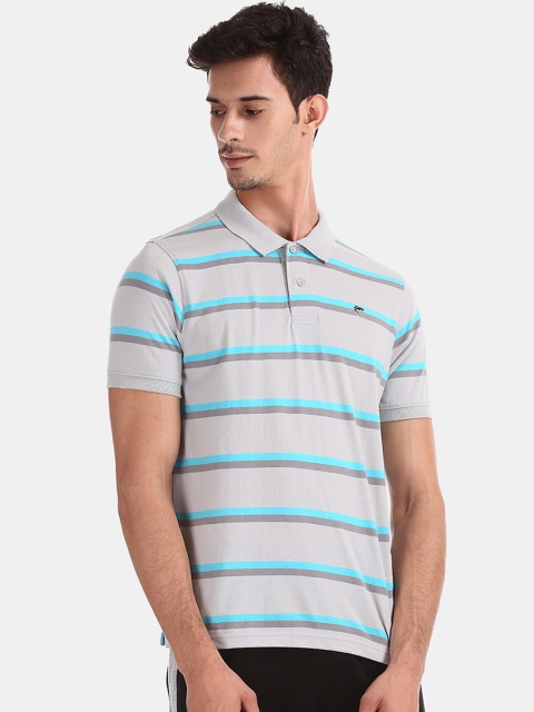 

Ruggers Men Grey & Blue Striped Polo Collar T-shirt