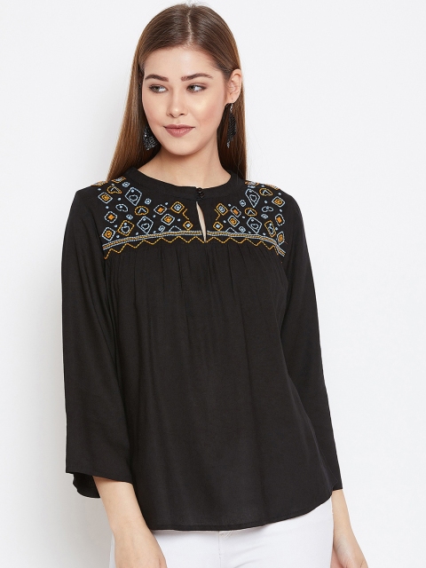 

FIZERA Women Black Printed A-Line Top