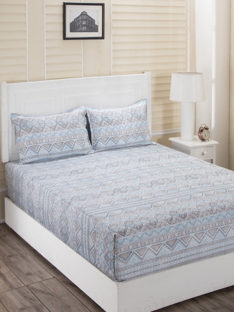 

MASPAR Blue & White Geometric 210 TC Cotton 1 Queen Bedsheet with 2 Pillow Covers