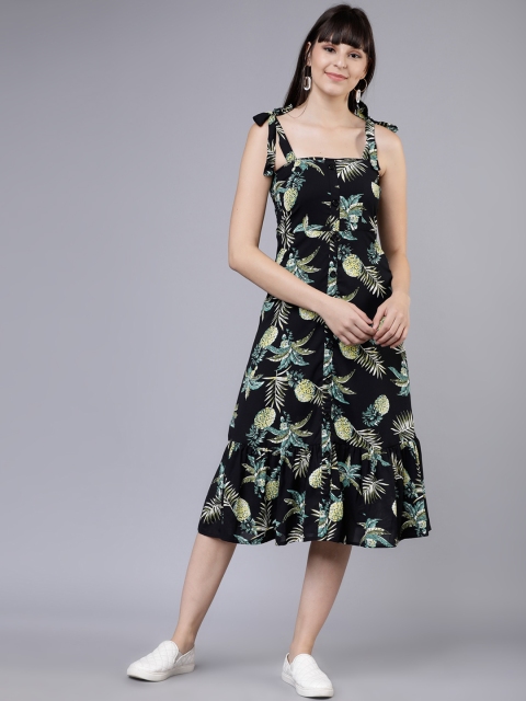 

Tokyo Talkies Women Black & Green Printed Fit and Flare Dress