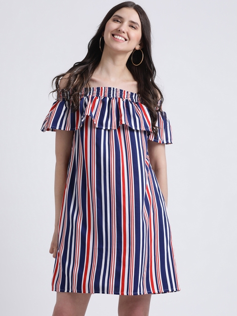 

AkaAyu Women Navy Blue & White Striped A-Line Dress