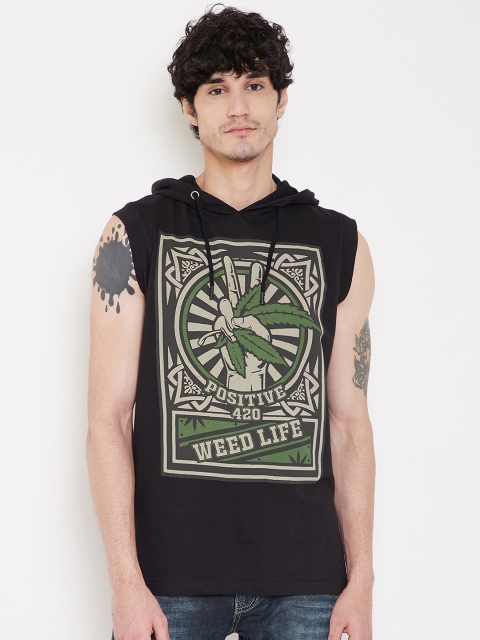 

PUNK Men Black Printed Hooded Sweatshirt