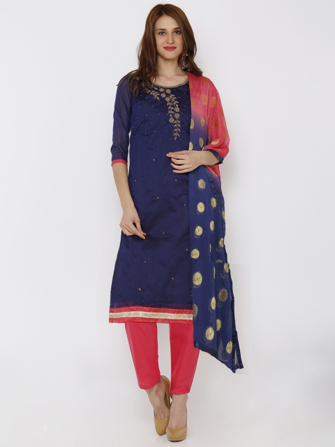 

SALWAR STUDIO Navy Blue & Coral Pink Unstitched Dress Material