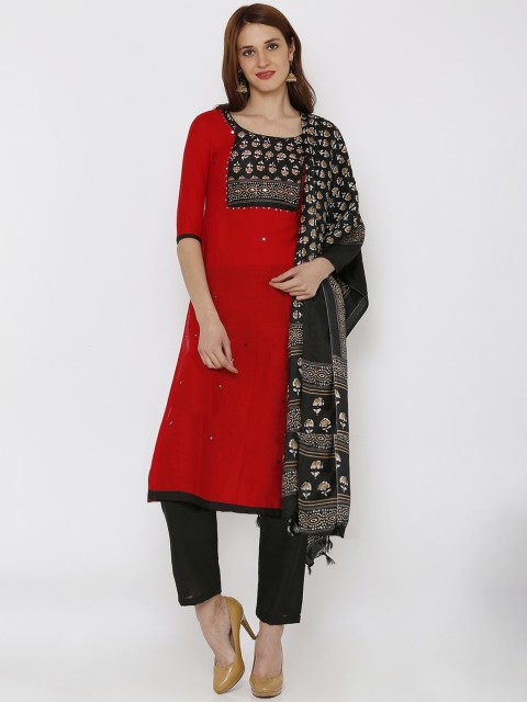 

SALWAR STUDIO Red & Black Mirror Work Unstitched Dress Material
