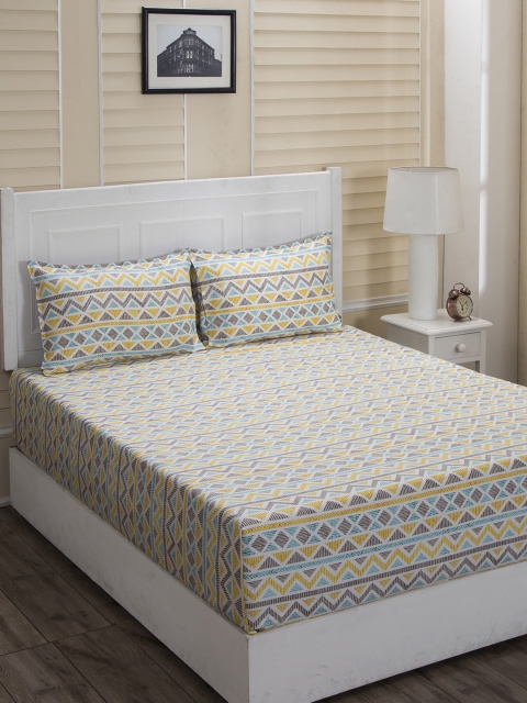 

MASPAR Yellow & White Geometric 210 TC Cotton 1 Queen Bedsheet with 2 Pillow Covers