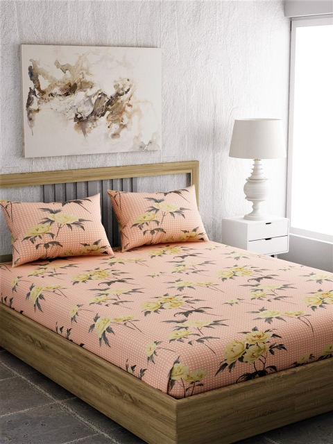 

EverHOME Peach-Coloured Floral 210 TC Cotton 1 Extra Large Bedsheet with 2 Pillow Covers