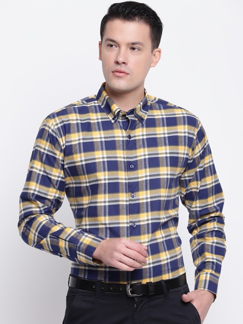 

Hancock Men Navy Blue & Yellow Twill Weave Slim Fit Checked Formal Shirt