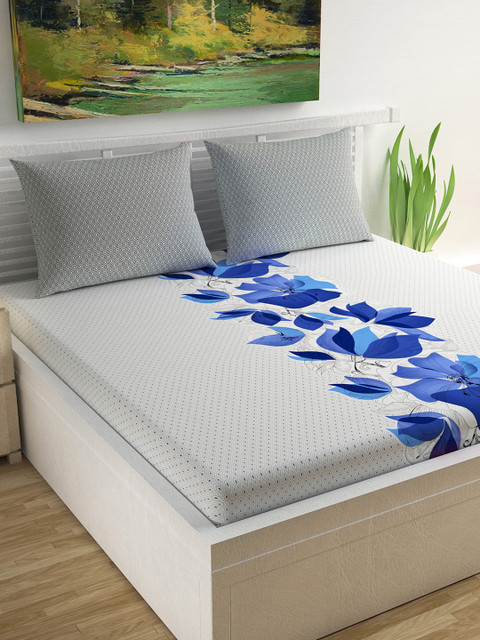 

Divine Casa White & Blue Floral 144 TC Cotton 1 King Bedsheet with 2 Pillow Covers