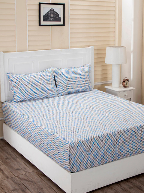 

MASPAR Blue & Beige Geometric 210 TC Cotton 1 Queen Bedsheet with 2 Pillow Covers