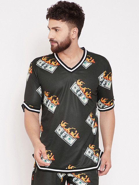 

FUGAZEE Men Olive Green Printed V-Neck T-shirt