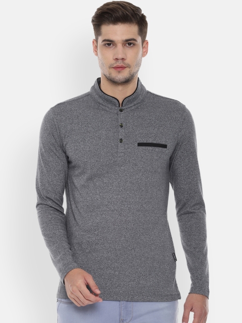 

V Dot Men Grey Solid Mandarin Collar Slim Fit T-shirt