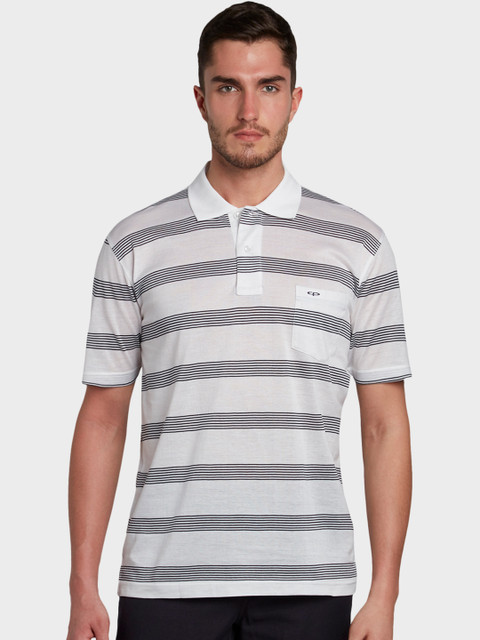 

ColorPlus Men White and Black Striped Polo Collar T-shirt
