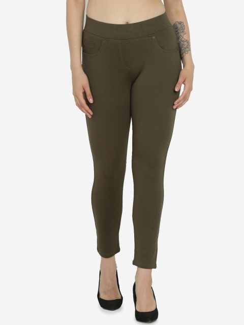 

Westwood Women Olive Green Relaxed Skinny Fit Solid Regular Treggings