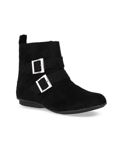 

Bruno Manetti Women Black Solid Suede High-Top Flat Boots