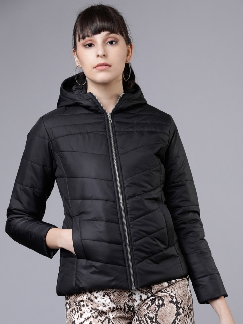 

Tokyo Talkies Women Black Solid Hooded Jacket