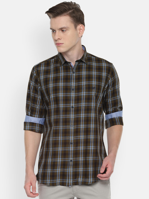 

Van Heusen Sport Men Olive Brown & Blue Slim Fit Checked Casual Shirt