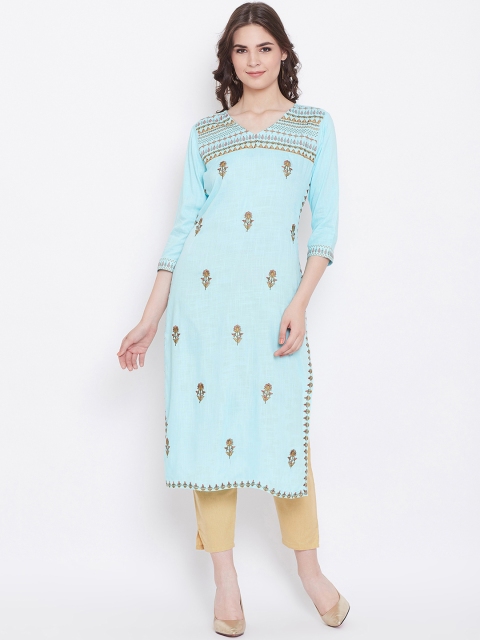 

Prakhya Women Blue Floral Embroidered Straight Kurta